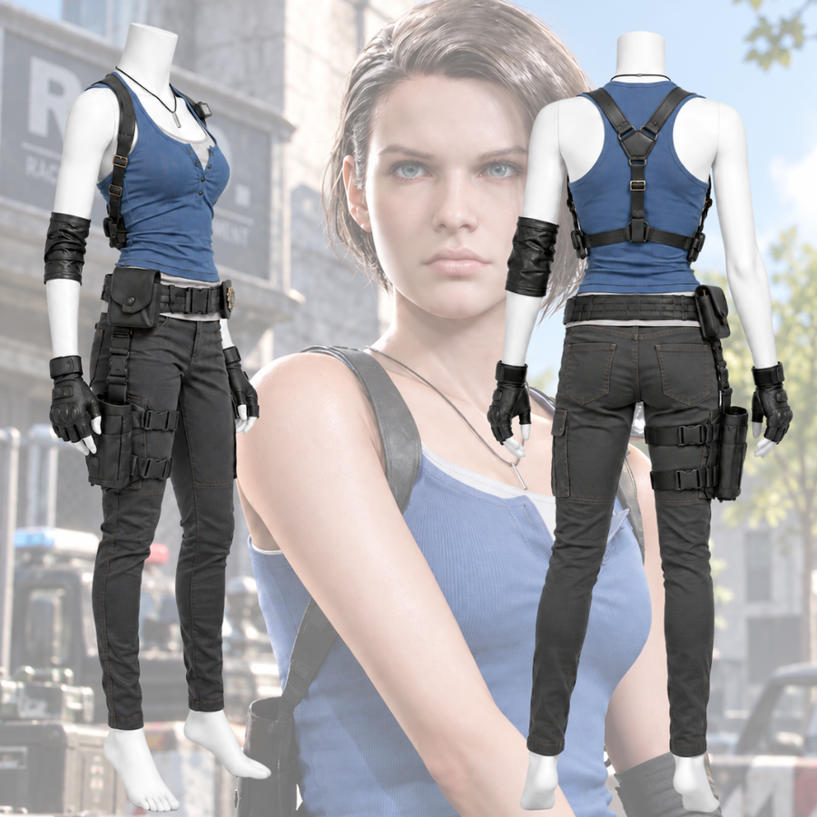 Jill Valentine Cosplay Costume – Blue Top, Tactical Pants & Holster Set