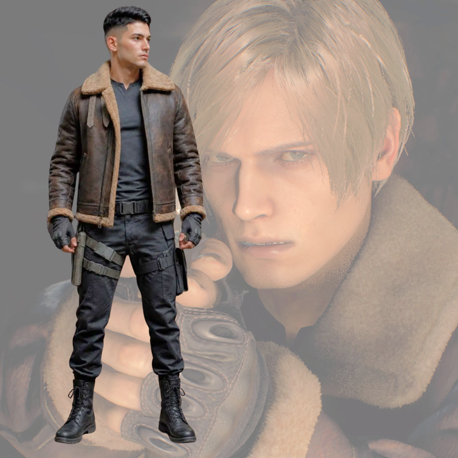 Resident Evil Leon Kennedy Cosplay Costume – Brown Shearling Jacket, Tactical Pants & Holster