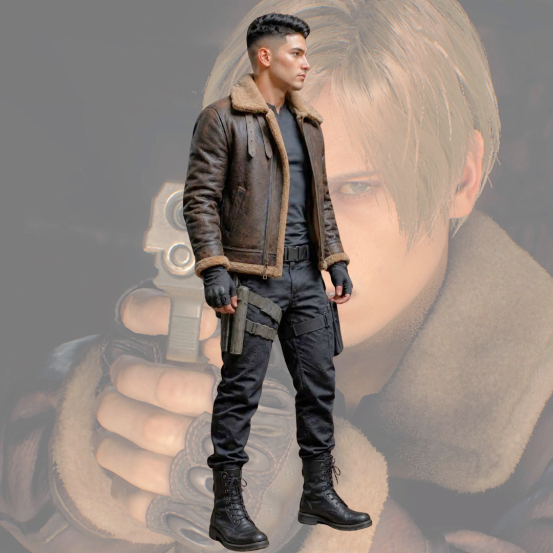 Resident Evil Leon Kennedy Cosplay Costume – Brown Shearling Jacket, Tactical Pants & Holster