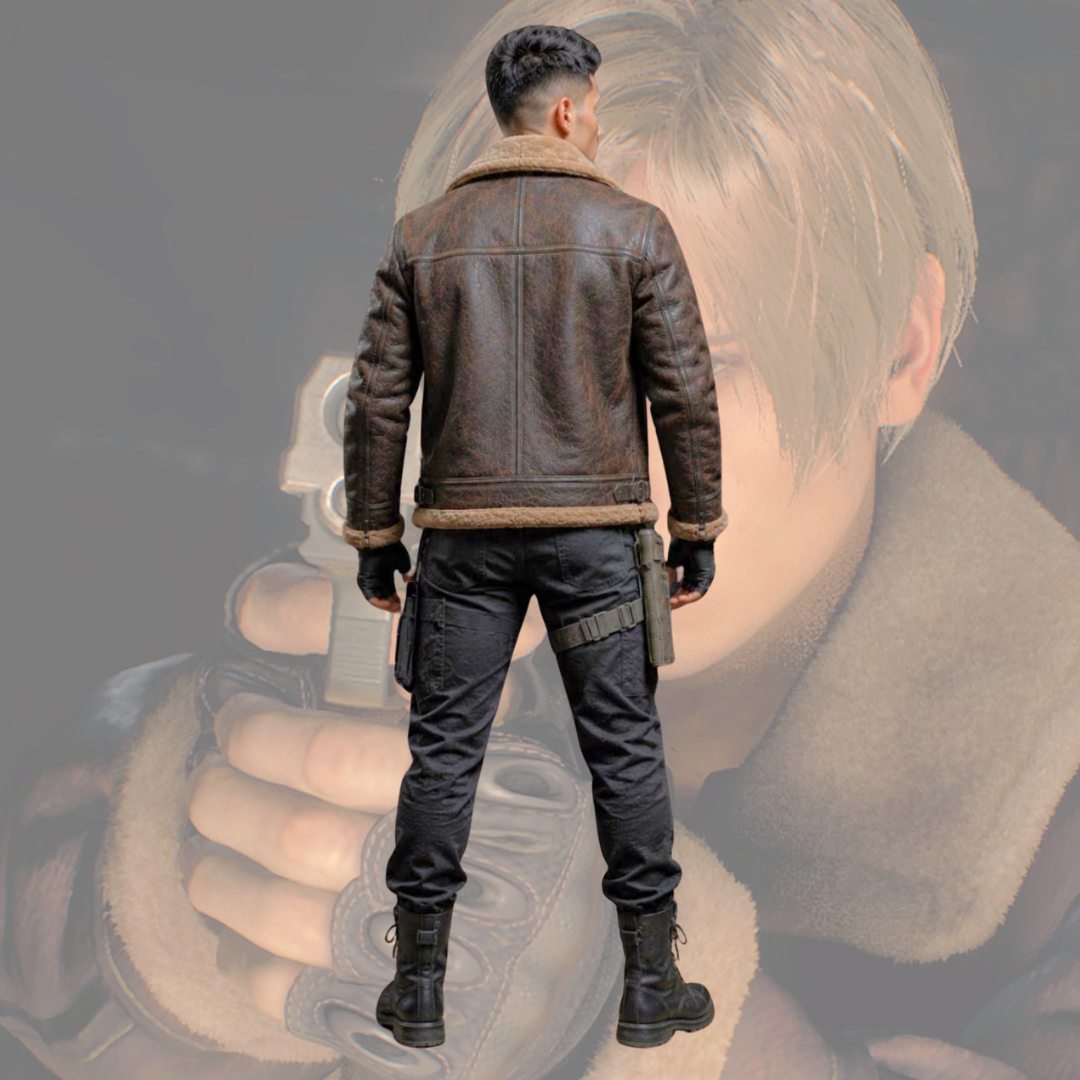 Resident Evil Leon Kennedy Cosplay Costume – Brown Shearling Jacket, Tactical Pants & Holster