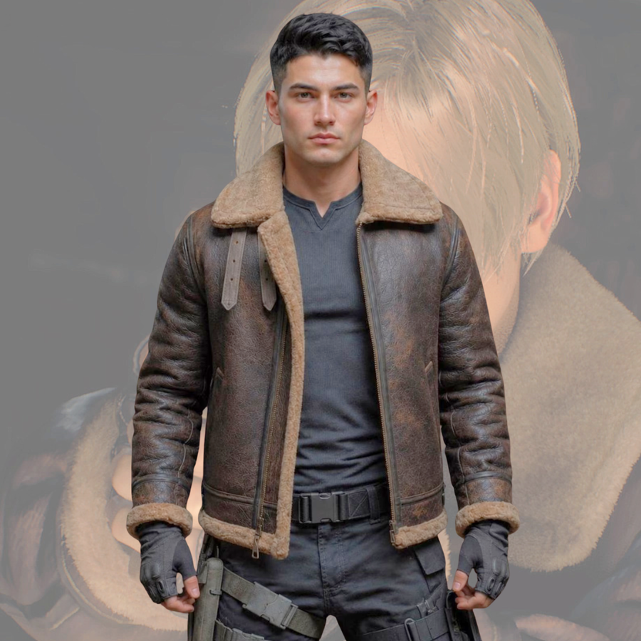 Resident Evil Leon Kennedy Cosplay Costume – Brown Shearling Jacket, Tactical Pants & Holster