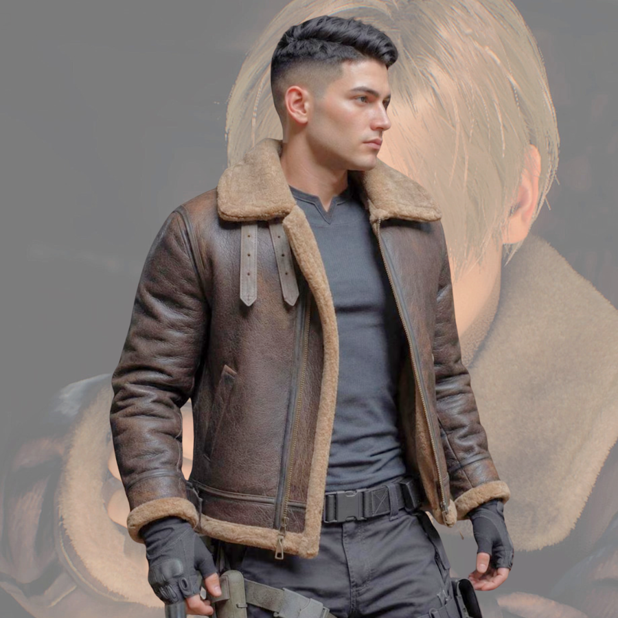 Resident Evil Leon Kennedy Cosplay Costume – Brown Shearling Jacket, Tactical Pants & Holster