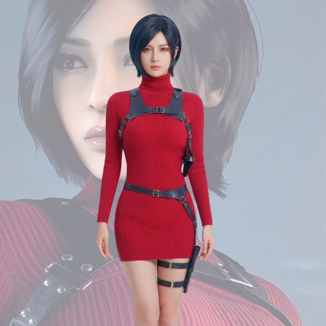 Ada Wong Cosplay Costume – Red Dress, Black Harness & Tactical Waist Belt