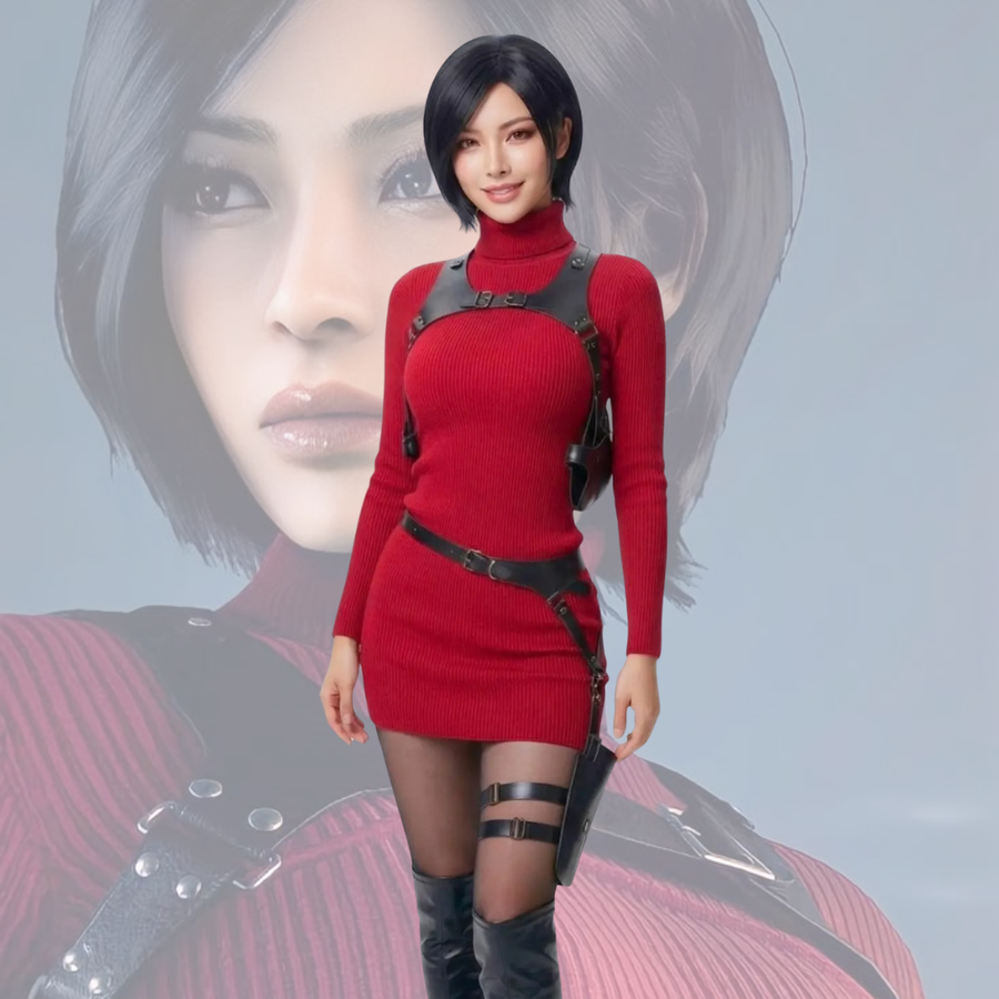 Ada Wong Cosplay Costume – Red Dress, Black Harness & Tactical Waist Belt