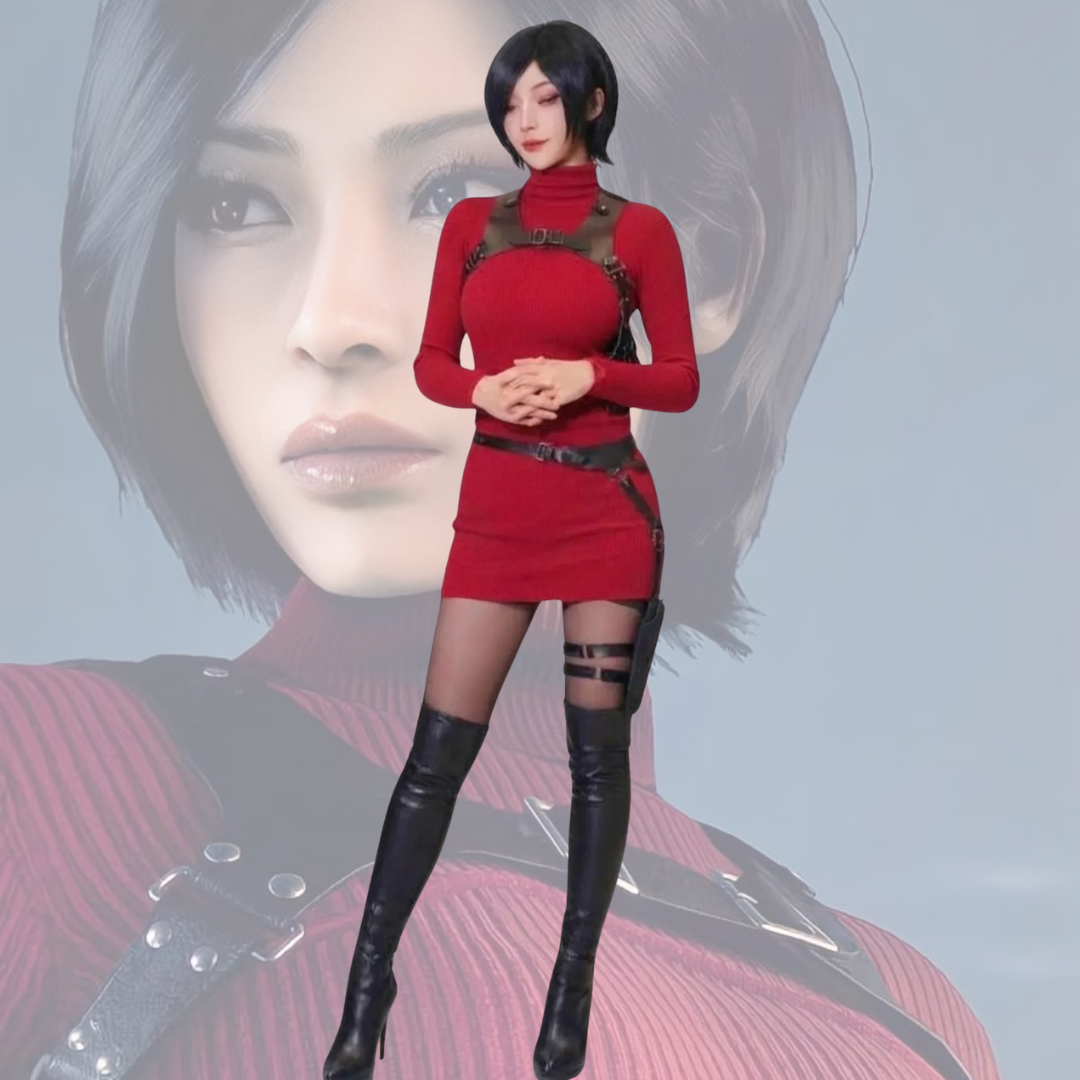 Ada Wong Cosplay Costume – Red Dress, Black Harness & Tactical Waist Belt