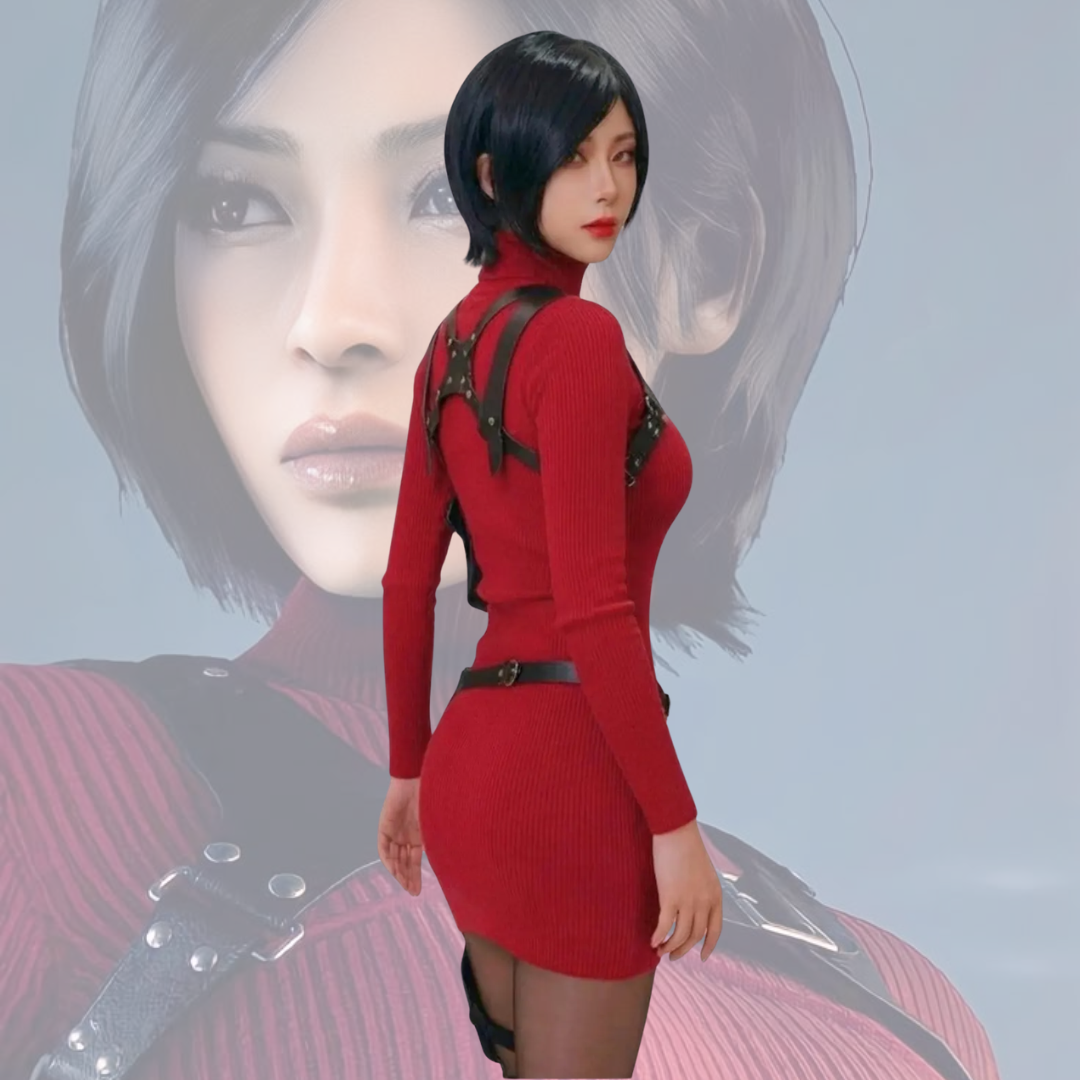 Ada Wong Cosplay Costume – Red Dress, Black Harness & Tactical Waist Belt